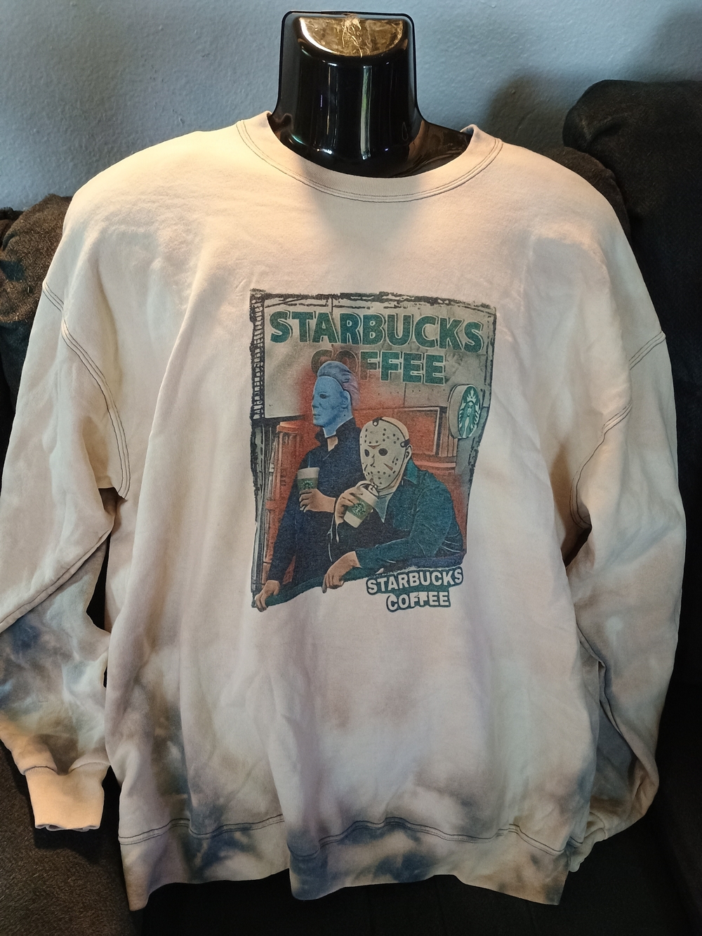 One of a Kind Horror Coffee Crewneck XL Handmade Bleached Sublimation Sweatshirt